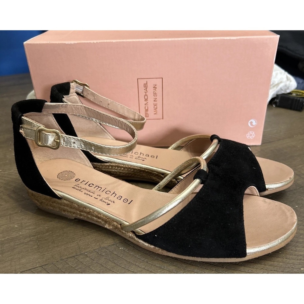 Vintage ERIC MICHAEL Wedge Espadrille Slingback Sandals Sz 38 /8 EC W/Box